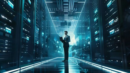 Fototapete - Futuristic Concept Data Center Chief Technology Officer Holding Laptop Standing In Warehouse Information Digitalization Lines Streaming Through Servers SAAS Cloud Computing Web Service : Generative AI