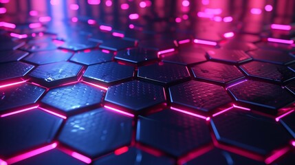 Wall Mural - a high-tech 3d backdrop with hexagonal patterns and neon lights, creating a futuristic visual experi