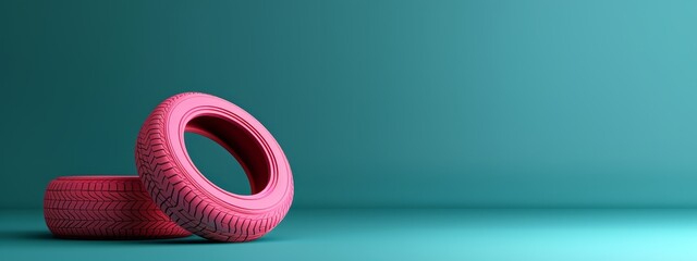  Two pink tires stacked on a blue-green background A green wall lies in the backdrop