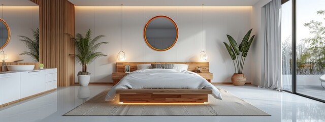  A bedroom featuring a neatly made bed, two round mirrors on the walls, and a planted corner