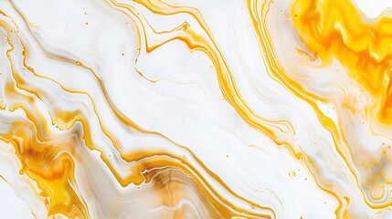 Leinwandbilder - Abstract fluid art background yellow and white colors Liquid marble Acrylic painting on canvas with orange lines and gradient Alcohol ink backdrop with beige wavy pattern : Generative AI