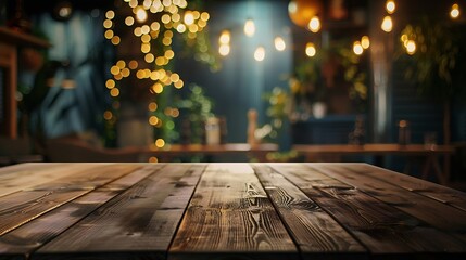Poster - Empty dark wooden table in front of restaurant abstract blurred bokeh background can be used to demonstrate or mount your products Layout for space : Generative AI