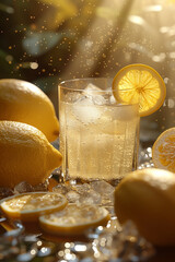 Wall Mural - lemon juice in glass with lemon and water in sunlight