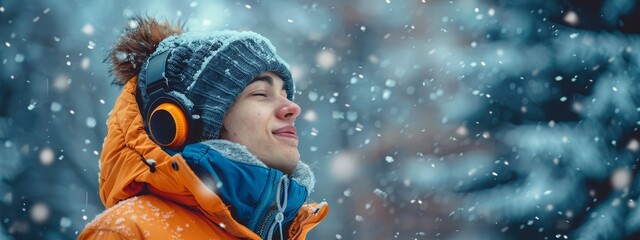 Wall Mural -  A young man, clad in headphones and a winter coat, gazes at the snowy forest's sky, amidst falling flakes