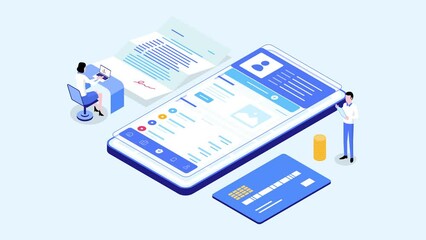 Wall Mural - digital insurance isometric flat motion graphic vector animation. tiny people using laptop and mobil