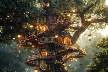 Canvas Print - A whimsical tree house with winding staircases nestled in the heart of a lush forest, A whimsical treehouse with winding staircases and hanging lanterns