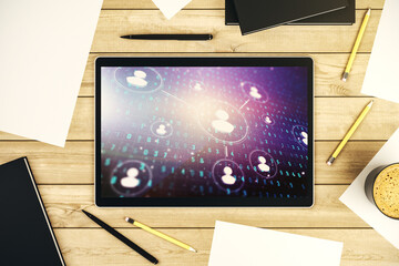 Wall Mural - Modern digital tablet screen with social network icons concept. Networking concept. Top view. 3D Rendering