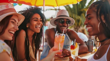 Happy multiracial young friends enjoying cocktail drink at bar terrace Millennial people having fun enjoying summer party during happy hour on summer vacation : Generative AI