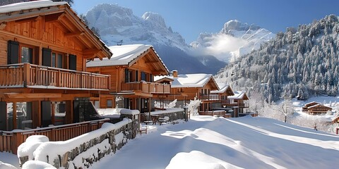 Wall Mural - Wooden houses in a snowy mountain village