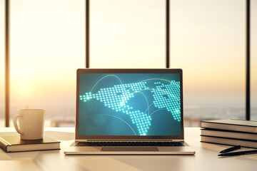 Wall Mural - abstract creative world map with connections on modern laptop screen, international trading concept.