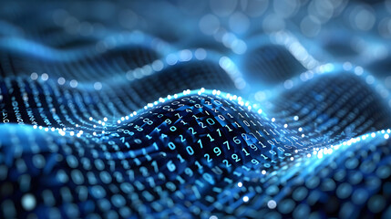 Data technology background with dots and binary code on 3D wave landscape. Big data and science, computing, digital processing and storage, virtual reality, cyberspace, metaverse, high