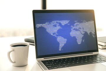 Wall Mural - abstract graphic world map on modern laptop screen, connection and communication concept. 3d renderi