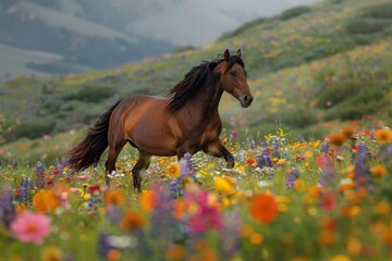 Sticker - A horse in motion, galloping through a colorful field of blooming flowers, A wild horse running freely through a field of colorful wildflowers