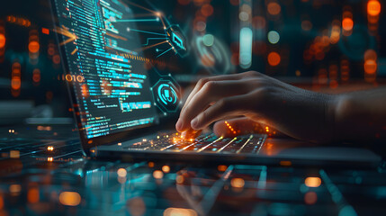 Digital transformation, IoT, Internet of Things, Software technology development concept. Software engineer coding on laptop computer with innovation technology interface
