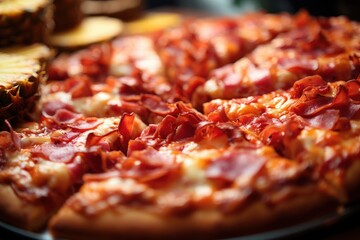 Wall Mural - Close-Up of a Delicious Pizza with Ham and Cheese