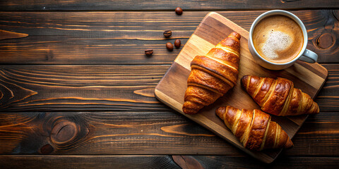 Croissants Placed on a wooden cutting board with a cup of hot Cappuccino coffee