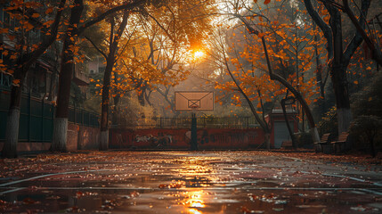 Sticker - Basketball court in the city park in autumn