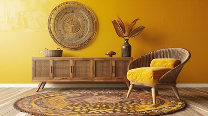 Aesthetic composition of vintage living room interior with kilim rug wooden sideboard boucle armchair glass vase with leaves yellow wall round rug and personal accessories Home decor T : Generative AI