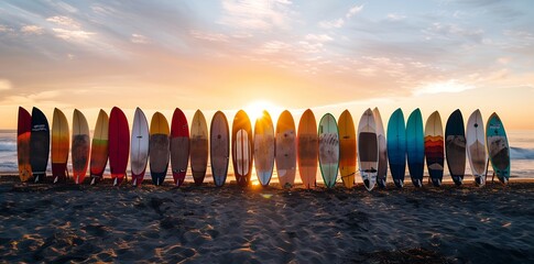 Wall Mural - Colorful surfboards stand in rows on the beach at sunset, with soft lighting and a clear sky. The sun sets behind them creating long shadows that add depth to their colors. Each board is painted diffe