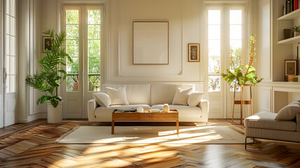 Wall Mural - The living room is modern and has parquet flooring with chic furniture