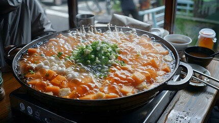 A bubbling hot pot with various ingredients