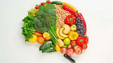 Wall Mural - Artistic brain shape made with fruits and vegetables, isolated on a white background, promoting healthy habits.