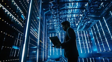 Fototapete - Futuristic Concept Business man with laptop in Data Center : Generative AI