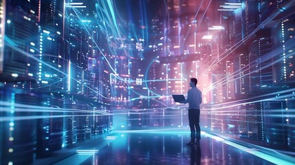 Fototapete - Futuristic 3D Concept Big Data Center Chief Technology Officer Using Laptop Standing In Warehouse Information Digitalization Lines Streaming Through Servers SAAS Cloud Computing Web Se : Generative AI