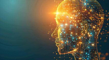 Wall Mural - Realistic Artificial intelligence. Computer mind connections head. Human head with circuit board inside. Engineering concept. Technology web background. Virtual concept