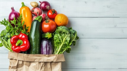 Wall Mural - Colorful assortment of vegetables and fruits in a paper bag on white wooden surface, ideal for organic market visuals.