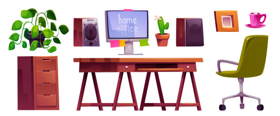 Wall Mural - Home office furniture set isolated on white background. Vector cartoon illustration of wooden drawer, desk, desktop computer and loudspeakers, armchair, cactus, tea cup, photo frame, design elements