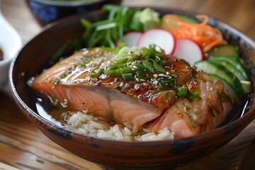 A delicious and healthy meal of salmon, rice, and vegetables.