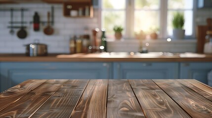 Poster - Wood table top on blurred kitchen background can be used mock up for montage products display or design layout : Generative AI