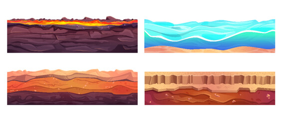 Wall Mural - seamless soil texture set for game design. vector cartoon illustration of hot volcanic lava, underwa