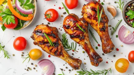 Wall Mural - Floating BBQ chicken drumsticks with fresh veggies on white background, ideal for showcasing summer grill recipes.
