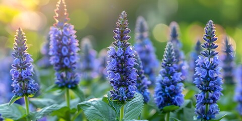 Sticker - Blue salvia flowers in the garden. Floral background. Soft focus