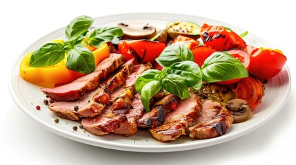 Wall Mural - Grilled vegetables, succulent meat slices, and fresh basil leaves presented appetizingly on a plate, isolated against white.