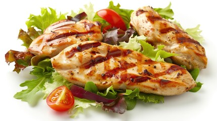 Wall Mural - Juicy grilled chicken breast and fresh mixed salad, isolated on white for appetizing and healthy meal ideas.