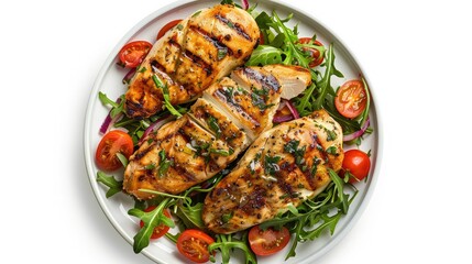 Wall Mural - Plate with grilled chicken breast and mixed salad, isolated on white for gourmet dining and fresh eating concepts.