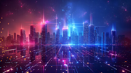 Wall Mural - vector illustration urban architecture, cityscape with space and neon light effect. modern hi-tech, 