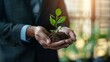 © Vesovic  - A businessman in a suit holds a young green plant with soil in his hands, symbolizing growth, sustainability, and environmental responsibility in a corporate setting.