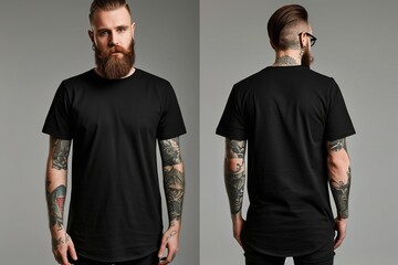 Wall Mural - Tattooed Man in Black T-shirt Front and Back View