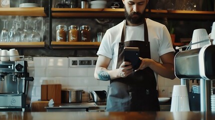 Poster - Barista phone call and tablet for restaurant communication online management or customer service in cafe Small business owner waiter or man on mobile and digital inventory for coffee s : Generative AI