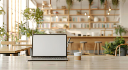 Wall Mural - A laptop is open on a table in a cafe with a cup of coffee next to it by AI generated image