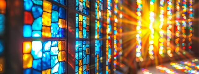 Wall Mural -  A sunlit close-up of stained glass, sunlight streaming in, glass illuminated by light