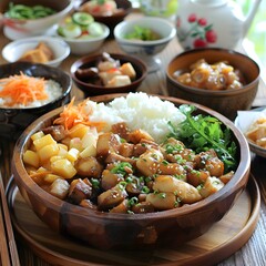 Wall Mural - A delicious Japanese dish with rice, meat, and vegetables