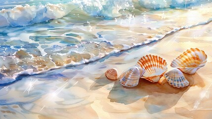 Beautiful seaside scene with seashells on the golden sand, gentle waves washing ashore under a serene, sunny sky.