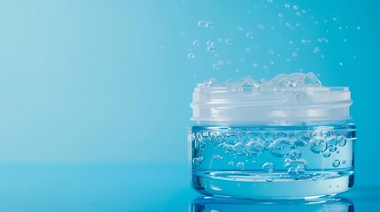 Plastic transparent container with facial gel and bubbles of air placed on blue background : Generative AI