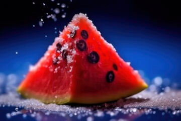 Poster - Watermelon Slice with Water Droplets on a Blue Background