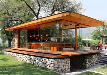 Modern Glass and Wood Bar with Stone Walls and Patio Seating